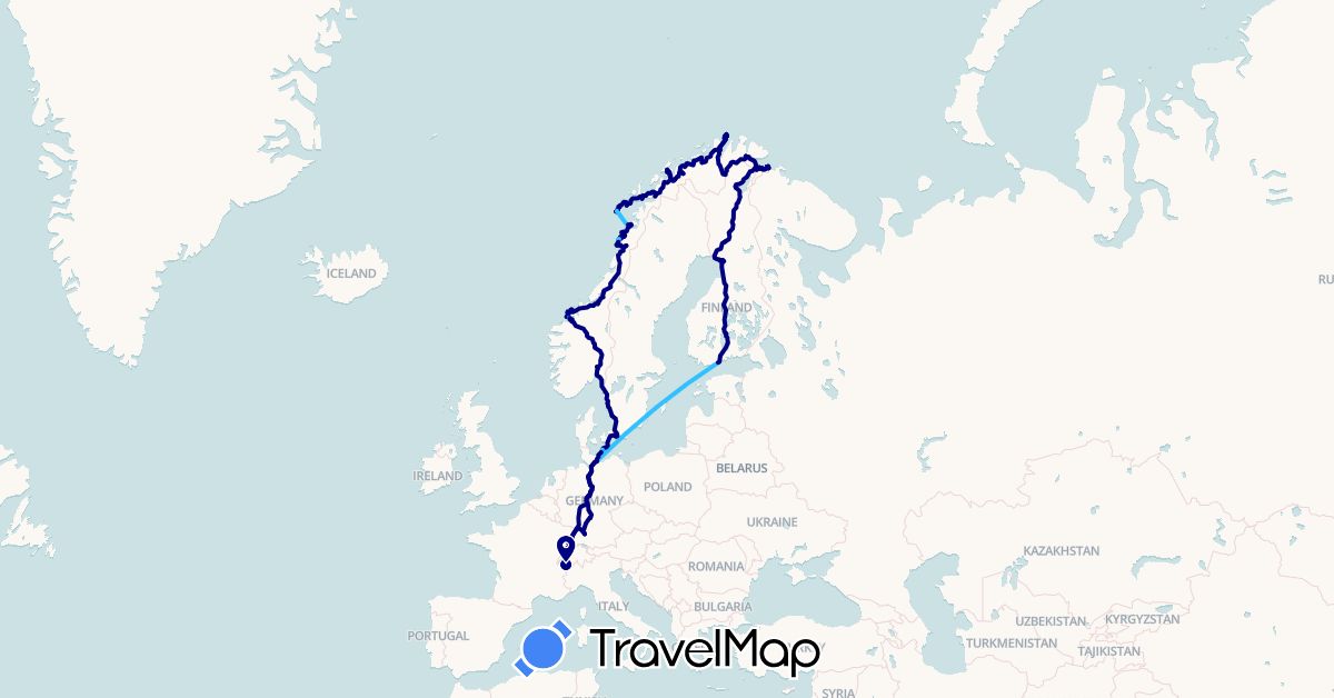 TravelMap itinerary: driving, boat in Switzerland, Germany, Denmark, Finland, Norway, Sweden (Europe)